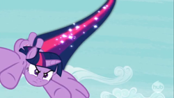 Size: 1366x768 | Tagged: safe, screencap, character:twilight sparkle, character:twilight sparkle (alicorn), species:alicorn, species:pony, episode:twilight's kingdom, g4, my little pony: friendship is magic, animation error, female, flying, hub logo, mare, solo, sparkles, speed trail, the hub