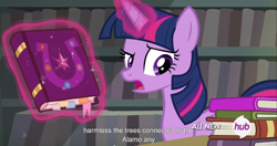 Size: 1536x812 | Tagged: safe, screencap, character:twilight sparkle, character:twilight sparkle (alicorn), species:alicorn, species:pony, episode:twilight's kingdom, g4, my little pony: friendship is magic, female, friendship journal, hub logo, mare, meme, solo, youtube caption