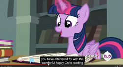Size: 1600x870 | Tagged: safe, screencap, character:twilight sparkle, character:twilight sparkle (alicorn), species:alicorn, species:pony, episode:twilight's kingdom, g4, my little pony: friendship is magic, chris, female, hub logo, journal, mare, meme, solo, youtube caption