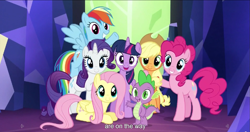 Size: 1535x813 | Tagged: safe, screencap, character:applejack, character:fluttershy, character:pinkie pie, character:rainbow dash, character:rarity, character:spike, character:twilight sparkle, character:twilight sparkle (alicorn), species:alicorn, species:pony, episode:twilight's kingdom, g4, my little pony: friendship is magic, female, mane six, mare, meme, youtube caption