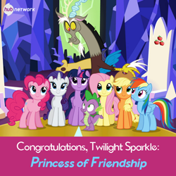 Size: 550x549 | Tagged: safe, official, screencap, character:applejack, character:discord, character:fluttershy, character:pinkie pie, character:rainbow dash, character:rarity, character:spike, character:twilight sparkle, character:twilight sparkle (alicorn), species:alicorn, species:pony, episode:twilight's kingdom, g4, my little pony: friendship is magic, female, hub logo, hub network, mane seven, mane six, mare, the hub