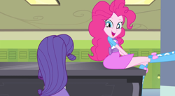 Size: 1278x702 | Tagged: safe, screencap, character:pinkie pie, character:rarity, episode:player piano, equestria girls:rainbow rocks, g4, my little pony:equestria girls, boots, clothing, cute, lockers, open mouth, piano, pinkie on a piano, raised leg, skirt, this tag is unnecessary