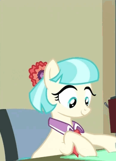 Size: 233x324 | Tagged: safe, screencap, character:coco pommel, episode:twilight's kingdom, g4, my little pony: friendship is magic, animated, chair, cocobetes, cropped, cute, fabric, manehattan, sewing, sitting, smiling, solo, working