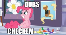 Size: 621x331 | Tagged: safe, screencap, character:meadow song, character:pinkie pie, dubz, image macro, meme, rolling, smiling