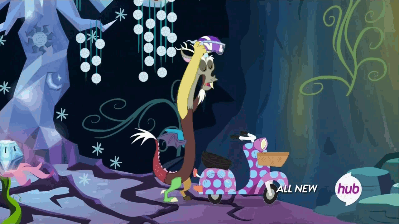 Size: 1280x720 | Tagged: safe, screencap, character:discord, episode:twilight's kingdom, g4, my little pony: friendship is magic, animated, hub logo, moped, solo, vespa