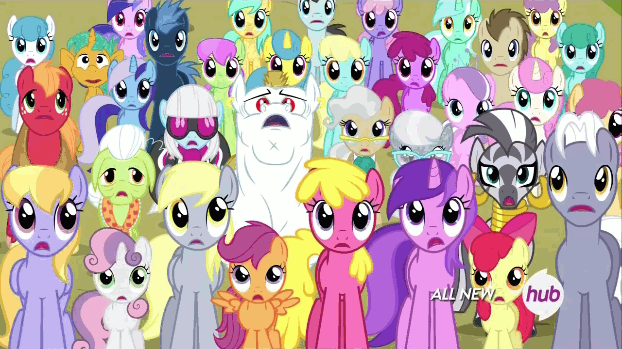 Size: 1280x720 | Tagged: safe, screencap, character:amethyst star, character:apple bloom, character:berry punch, character:berryshine, character:big mcintosh, character:bulk biceps, character:cherry berry, character:cloud kicker, character:derpy hooves, character:diamond tiara, character:dizzy twister, character:granny smith, character:lemon hearts, character:lyra heartstrings, character:mane moon, character:mayor mare, character:merry may, character:minuette, character:neon lights, character:orange swirl, character:parasol, character:photo finish, character:rainbowshine, character:rising star, character:royal riff, character:sassaflash, character:scootaloo, character:sea swirl, character:silver spoon, character:snails, character:sparkler, character:spring melody, character:sprinkle medley, character:star hunter, character:sunshower raindrops, character:sweetie belle, character:twinkleshine, character:white lightning, character:zecora, species:earth pony, species:pegasus, species:pony, species:unicorn, species:zebra, episode:twilight's kingdom, g4, my little pony: friendship is magic, adorableshine, adorasmith, animated, apple bloom's bow, background pony, berrybetes, big macintosh's yoke, bow, bulkabetes, collar, colt, crescent pony, cute, cutie mark crusaders, diamondbetes, diasnails, disguise, disguised changeling, ear piercing, earring, elderly, eyes closed, female, filly, foal, glasses, granny smith's scarf, hair bow, happy, hub logo, hubble, jewelry, kevin (changeling), lemonbetes, let the rainbow remind you, lyrabetes, macabetes, male, mare, minubetes, open mouth, piercing, seadorable, silverbetes, small wings, smiling, stallion, the hub, wall of tags, wings, zecorable