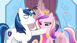 Size: 1365x768 | Tagged: safe, screencap, character:princess cadance, character:shining armor, ship:shiningcadance, episode:the crystal empire, g4, my little pony: friendship is magic, female, horn, horn crystals, magic suppression, male, shipping, straight, tired