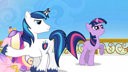Size: 1365x768 | Tagged: safe, screencap, character:princess cadance, character:shining armor, character:twilight sparkle, episode:the crystal empire, g4, my little pony: friendship is magic, determined, horn, horn crystals, magic suppression, scrunchy face