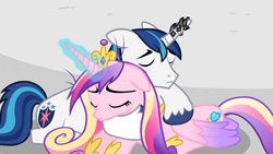 Size: 1365x768 | Tagged: safe, screencap, character:princess cadance, character:shining armor, ship:shiningcadance, episode:the crystal empire, g4, my little pony: friendship is magic, female, horn, horn crystals, magic suppression, male, shipping, straight
