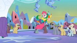 Size: 1365x768 | Tagged: safe, screencap, character:fleur de verre, character:paradise (g4), character:pinkie pie, character:sapphire joy, species:crystal pony, species:earth pony, species:pony, episode:the crystal empire, g4, my little pony: friendship is magic, background pony, check mate, female, flugelhorn, male, mare, stallion, winnow wind