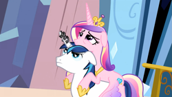 Size: 1365x768 | Tagged: safe, screencap, character:princess cadance, character:shining armor, ship:shiningcadance, episode:the crystal empire, g4, my little pony: friendship is magic, female, horn, horn crystals, looking up, magic suppression, male, ponies riding ponies, shipping, straight