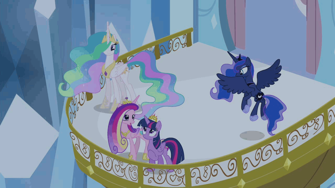 Size: 1280x720 | Tagged: safe, screencap, character:princess cadance, character:princess celestia, character:princess luna, character:twilight sparkle, character:twilight sparkle (alicorn), species:alicorn, species:pony, alicorn tetrarchy, animated, balcony, crystal empire, crystal palace, female, flying, mare, singing, you'll play your part, zoom out