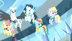 Size: 494x283 | Tagged: safe, screencap, character:cloud kicker, character:dizzy twister, character:natalya, character:orange swirl, character:rainbow dash, character:soarin', species:griffon, episode:equestria games, g4, my little pony: friendship is magic