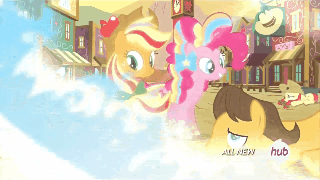 Size: 320x180 | Tagged: safe, screencap, character:applejack, character:braeburn, character:caramel, character:dawn sunrays, character:pinkie pie, species:earth pony, species:pony, episode:twilight's kingdom, g4, my little pony: friendship is magic, animated, appleloosa, cute, eyes closed, happy, hoofy-kicks, hub logo, hubble, open mouth, rainbow power, rearing, smiling, the hub