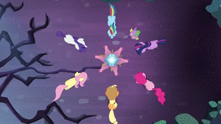 Size: 320x180 | Tagged: safe, screencap, character:applejack, character:fluttershy, character:pinkie pie, character:rainbow dash, character:rarity, character:spike, character:tree of harmony, character:twilight sparkle, character:twilight sparkle (alicorn), species:alicorn, species:pony, episode:twilight's kingdom, g4, my little pony: friendship is magic, animated, bad end, credit joke, female, i have no mouth and i must scream, locked, mane seven, mane six, mare, mystery box of plot importance, tree of harmony