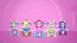 Size: 1280x720 | Tagged: safe, screencap, character:applejack, character:fluttershy, character:pinkie pie, character:rainbow dash, character:rarity, equestria girls:equestria girls, g4, my little pony:equestria girls, helping twilight win the crown, humane five, squatting, wondercolts