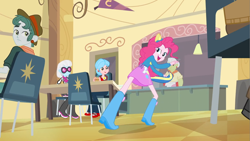 Size: 1280x720 | Tagged: safe, screencap, character:bright idea, character:granny smith, character:photo finish, character:pinkie pie, character:scott green, my little pony:equestria girls, background human, balloon, boots, bright idea, burger, carla jr., chair, clothing, food, helping twilight win the crown, high heel boots, scott green, skirt, wondercolts
