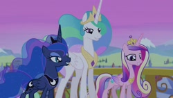 Size: 1280x720 | Tagged: safe, screencap, character:princess cadance, character:princess celestia, character:princess luna, episode:twilight's kingdom, g4, my little pony: friendship is magic, balcony, crystal empire, grin, smiling, stretching