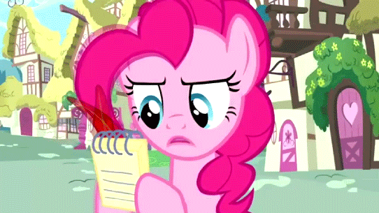 Size: 542x305 | Tagged: safe, screencap, character:pinkie pie, episode:a friend in deed, g4, my little pony: friendship is magic, animated, notepad, quill, solo, talking, writing
