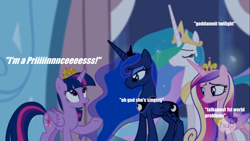 Size: 1366x768 | Tagged: safe, screencap, character:princess cadance, character:princess celestia, character:princess luna, character:twilight sparkle, character:twilight sparkle (alicorn), species:alicorn, species:pony, episode:twilight's kingdom, g4, my little pony: friendship is magic, alicorn tetrarchy, eyes closed, female, first world problems, frown, hair over one eye, image macro, inner thoughts, mare, meme, open mouth, unamused