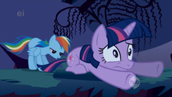 Size: 850x478 | Tagged: safe, screencap, character:rainbow dash, character:twilight sparkle, episode:friendship is magic, g4, my little pony: friendship is magic, butt interest, ei, eyes on the prize, hub logo, lidded eyes, out of context, scared