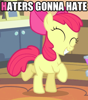 Size: 352x400 | Tagged: safe, screencap, character:apple bloom, episode:somepony to watch over me, g4, my little pony: friendship is magic, adorabloom, animated, caption, cute, dancing, eyes closed, gif with captions, grin, happy, haters gonna hate, prancing, smiling, solo