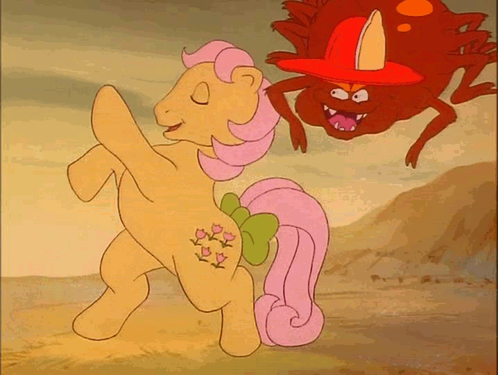 Size: 718x540 | Tagged: safe, screencap, character:posey, episode:fugitive flowers, g1, my little pony 'n friends, animated, clothing, comedy, cute, firefighter, hat, kissing, pose, spider