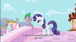 Size: 856x476 | Tagged: safe, screencap, character:rarity, character:spike, episode:secret of my excess, g4, my little pony: friendship is magic, youtube caption