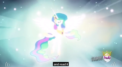 Size: 632x348 | Tagged: safe, screencap, character:princess celestia, episode:magical mystery cure, g4, my little pony: friendship is magic, all new, ascension, celestia's ballad, crown, hub logo, meme, solo, text, youtube caption