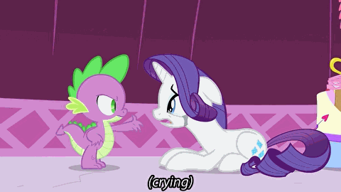 Size: 480x270 | Tagged: safe, screencap, character:rarity, character:spike, character:trenderhoof, episode:simple ways, g4, my little pony: friendship is magic, animated, aside glance, crossed arms, crying, floppy ears, fourth wall, friendzone, frown, irony, looking at you, looking sideways, marshmelodrama, poster, raised eyebrow, running makeup, sad, sitting, stalker shrine, subtitles, talking, text, unamused, you don't say