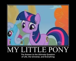 Size: 750x600 | Tagged: safe, screencap, character:berry punch, character:berryshine, character:linky, character:shoeshine, character:twilight sparkle, episode:fall weather friends, g4, my little pony: friendship is magic, 42, demotivational poster, hitchhiker's guide to the galaxy, hub logo, meme