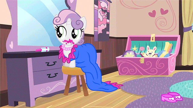 Size: 640x360 | Tagged: safe, screencap, character:princess luna, character:sweetie belle, episode:for whom the sweetie belle toils, 5-year-old sweetie belle, animated, clothing, cute, dress, eyes closed, faceplant, flop, high heels, lipstick, messy, sweetie fail