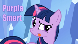Size: 640x360 | Tagged: safe, screencap, character:twilight sparkle, species:pony, species:unicorn, blep, caption, cute, female, frown, looking at you, mare, purple smart, purple text, raised eyebrow, solo, tongue out