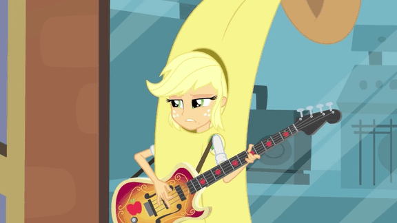 Size: 576x324 | Tagged: safe, screencap, character:applejack, episode:a case for the bass, equestria girls:rainbow rocks, g4, my little pony:equestria girls, animated, banana, banana suit, bananajack, bass guitar, clothing, costume, guitar, musical instrument, solo