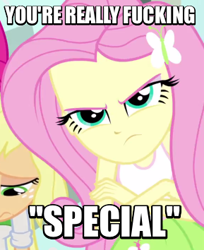 Size: 289x354 | Tagged: safe, screencap, character:fluttershy, episode:a case for the bass, equestria girls:rainbow rocks, g4, my little pony:equestria girls, angry, badass, flutterbadass, image macro, meme, vulgar