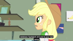 Size: 1280x719 | Tagged: safe, screencap, character:applejack, episode:a case for the bass, equestria girls:rainbow rocks, g4, my little pony:equestria girls, appul, banana, clock, frown, implied robot, indoors, meme, open mouth, picture frame, prism, realization, remember, robot, self awareness, shelf, solo, vase, youtube caption