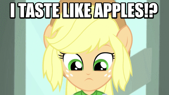 Size: 576x324 | Tagged: safe, screencap, character:applejack, episode:a case for the bass, equestria girls:rainbow rocks, g4, my little pony:equestria girls, animated, image macro, meme, ponied up, smiling, solo