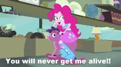 Size: 852x469 | Tagged: safe, screencap, character:pinkie pie, episode:a case for the bass, equestria girls:rainbow rocks, g4, my little pony:equestria girls, fuck the police, image macro, meme, open mouth, rocking horse, smiling, solo, text, wide eyes