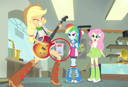 Size: 679x464 | Tagged: safe, screencap, character:applejack, character:fluttershy, character:rainbow dash, episode:a case for the bass, equestria girls:rainbow rocks, g4, my little pony:equestria girls, bass guitar, eyes closed, guitar, jaws, lidded eyes, musical instrument
