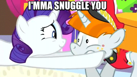 Size: 550x309 | Tagged: safe, screencap, character:rarity, character:welcome inn, species:pony, species:unicorn, episode:sweet and elite, g4, my little pony: friendship is magic, animated, atlas, bags valet, cheek squish, duo, female, image macro, imma snuggle you, male, mare, sluggage, snuggling, squishy cheeks, teenager