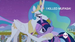 Size: 1280x720 | Tagged: safe, screencap, character:princess celestia, character:twilight sparkle, character:twilight sparkle (alicorn), species:alicorn, species:pony, confession, female, hub logo, mare, murderer, the lion king