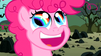 Size: 420x236 | Tagged: safe, screencap, character:pinkie pie, episode:the cutie mark chronicles, g4, my little pony: friendship is magic, animated, eye reflection, filly, filly pinkie pie, frown, rainbow, reflection, reversed, rock farm, solo