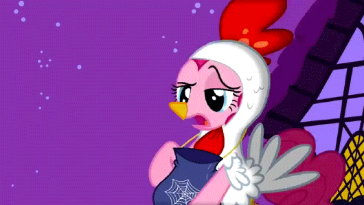 Size: 530x298 | Tagged: safe, screencap, character:pinkie pie, episode:luna eclipsed, g4, my little pony: friendship is magic, animal costume, animated, bag, bipedal, chicken suit, clothing, costume, nightmare night costume, solo