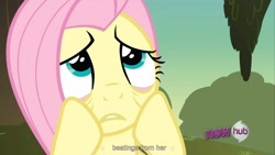 Size: 1344x756 | Tagged: safe, screencap, character:fluttershy, episode:hurricane fluttershy, g4, my little pony: friendship is magic, eyelid pull, hub logo, youtube caption