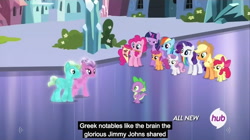 Size: 1280x719 | Tagged: safe, screencap, character:applejack, character:bright smile, character:paradise (g4), character:pinkie pie, character:rainbow dash, character:rarity, character:scootaloo, character:spike, character:sweetie belle, character:twilight sparkle, character:twilight sparkle (alicorn), species:alicorn, species:crystal pony, species:pegasus, species:pony, episode:equestria games, g4, my little pony: friendship is magic, bush, crystal empire, female, flag, flower, greece, greek, hub logo, mare, meme, youtube caption