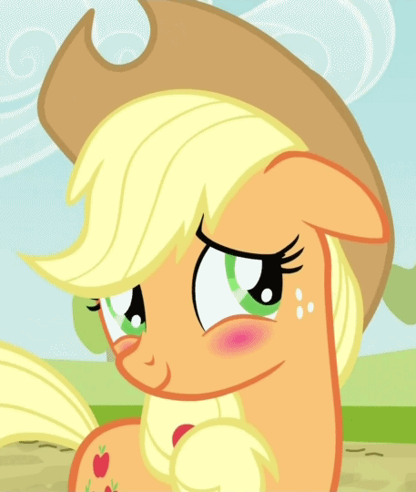 Size: 457x540 | Tagged: safe, screencap, character:applejack, species:earth pony, species:pony, episode:the last roundup, g4, my little pony: friendship is magic, animated, blushing, cropped, cute, female, floppy ears, freckles, jackabetes, mare, reaction image, solo