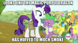 Size: 854x474 | Tagged: safe, screencap, character:rarity, character:spike, species:dragon, species:pony, species:unicorn, episode:inspiration manifestation, g4, my little pony: friendship is magic, duo, female, high, hub logo, image macro, male, mare, meme, saddle bag, stoner spike