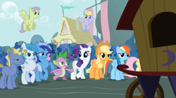 Size: 1365x767 | Tagged: safe, screencap, character:applejack, character:bon bon, character:candy mane, character:cloud kicker, character:coco crusoe, character:doctor whooves, character:fluttershy, character:lemon hearts, character:minuette, character:parasol, character:ponet, character:rainbow dash, character:rainbowshine, character:rarity, character:spike, character:spring melody, character:sprinkle medley, character:sweetie drops, character:time turner, character:white lightning, species:pegasus, species:pony, episode:boast busters, g4, my little pony: friendship is magic, female, mare, rearing