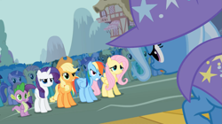 Size: 1365x767 | Tagged: safe, screencap, character:amethyst star, character:applejack, character:candy mane, character:carrot top, character:cloud kicker, character:coco crusoe, character:doctor whooves, character:fluttershy, character:golden harvest, character:lyra heartstrings, character:pokey pierce, character:ponet, character:rainbow dash, character:rainbowshine, character:rarity, character:sparkler, character:spike, character:time turner, character:trixie, species:pony, episode:boast busters, g4, my little pony: friendship is magic