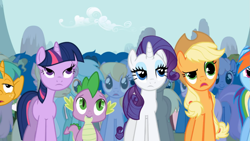 Size: 1365x768 | Tagged: safe, screencap, character:amethyst star, character:applejack, character:candy mane, character:carrot top, character:cherry cola, character:cloud kicker, character:coco crusoe, character:golden harvest, character:lyra heartstrings, character:ponet, character:rainbow dash, character:rainbowshine, character:rarity, character:snails, character:sparkler, character:spike, character:twilight sparkle, species:pony, species:unicorn, episode:boast busters, g4, my little pony: friendship is magic, colt, male